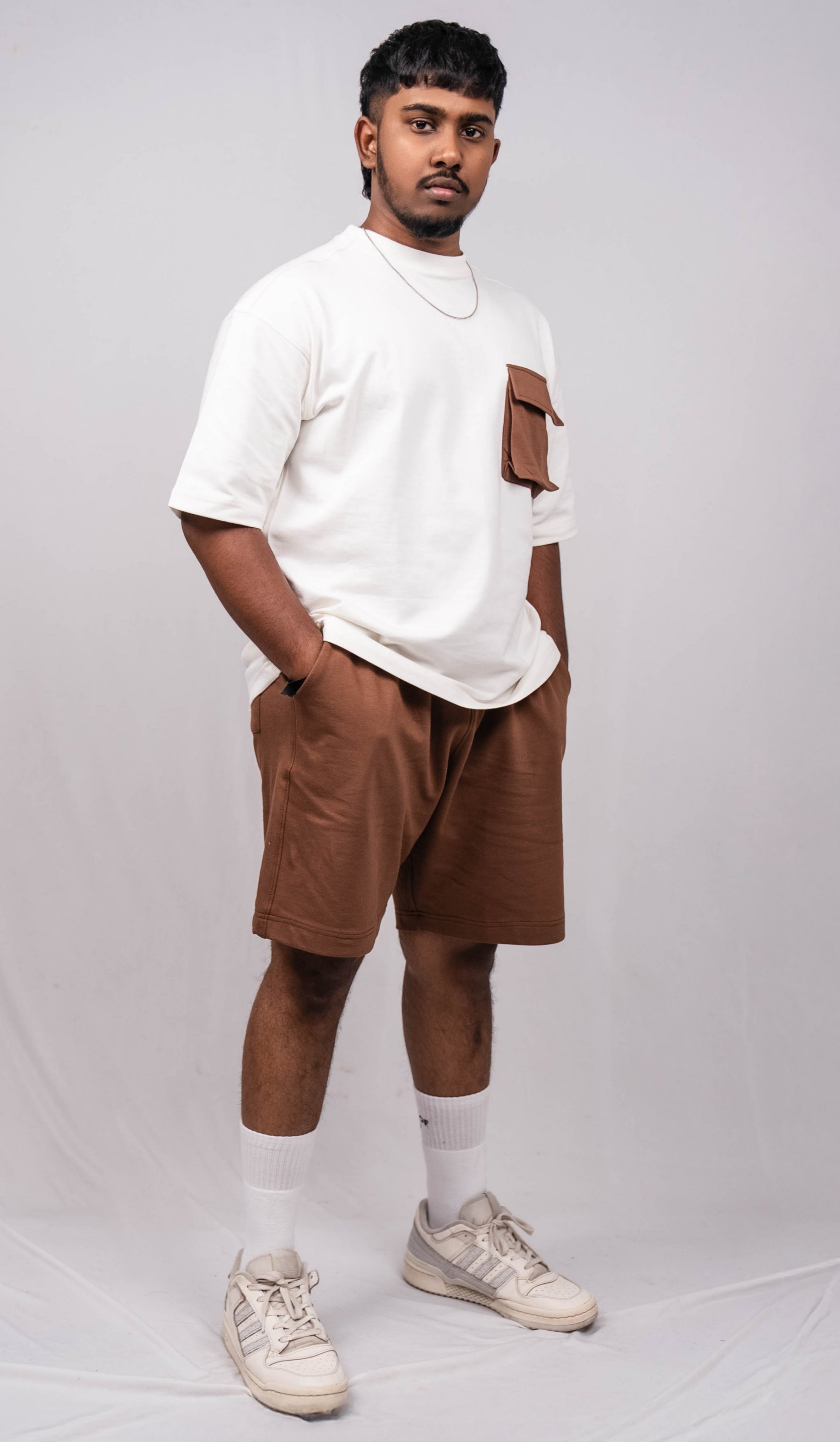White Oversize Fit Crew Neck T-shirt with Truffle Brown Cargo Pocket
