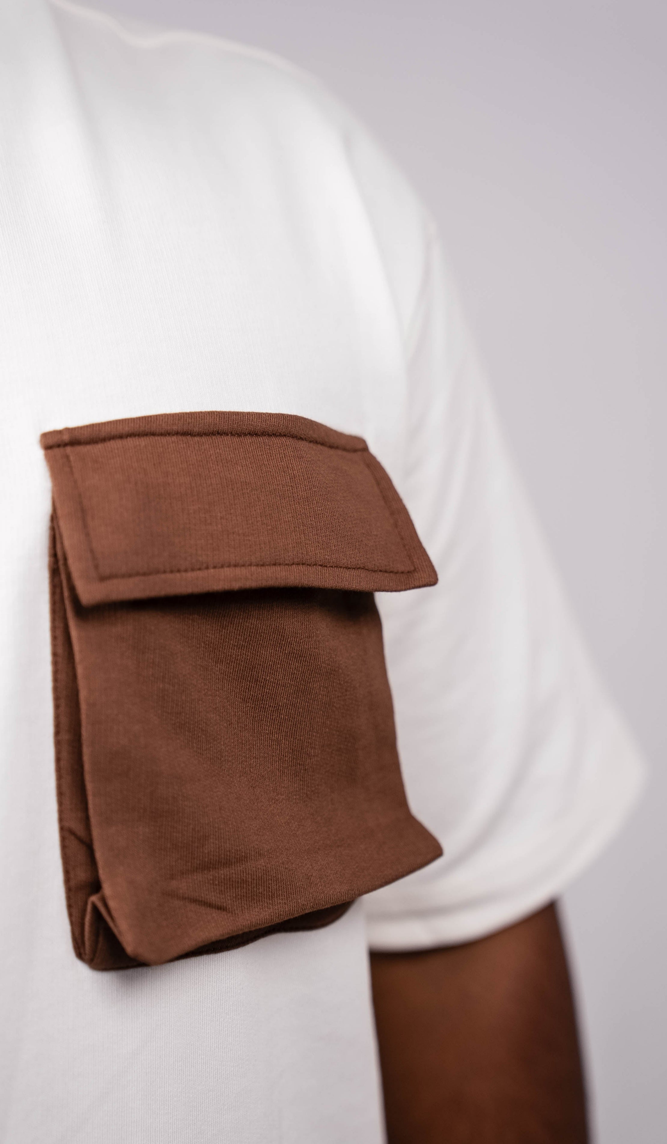 White Oversize Fit Crew Neck T-shirt with Truffle Brown Cargo Pocket