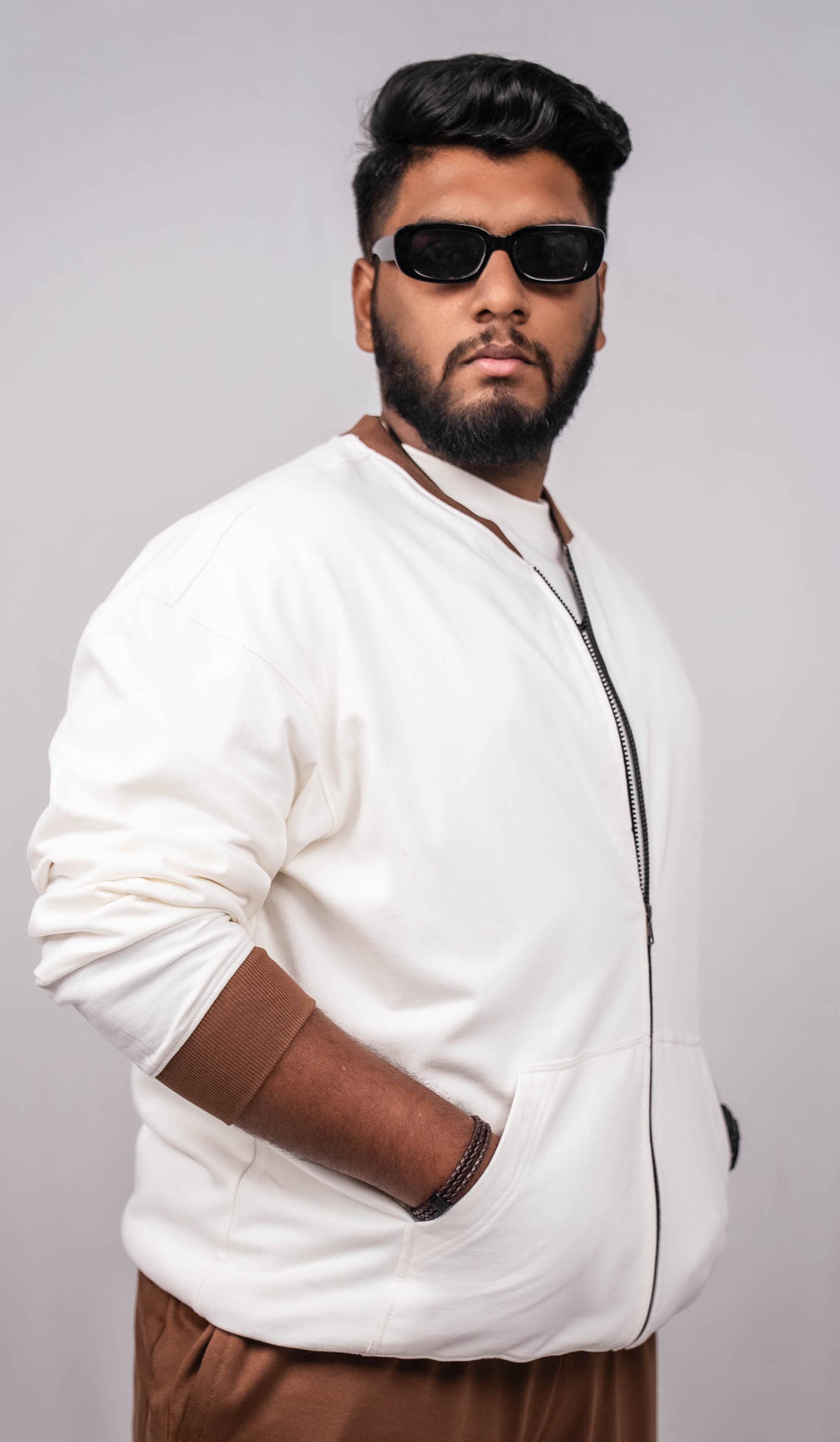 Pearl White Regular Fit Bomber Jacket with brown collar and cuffs