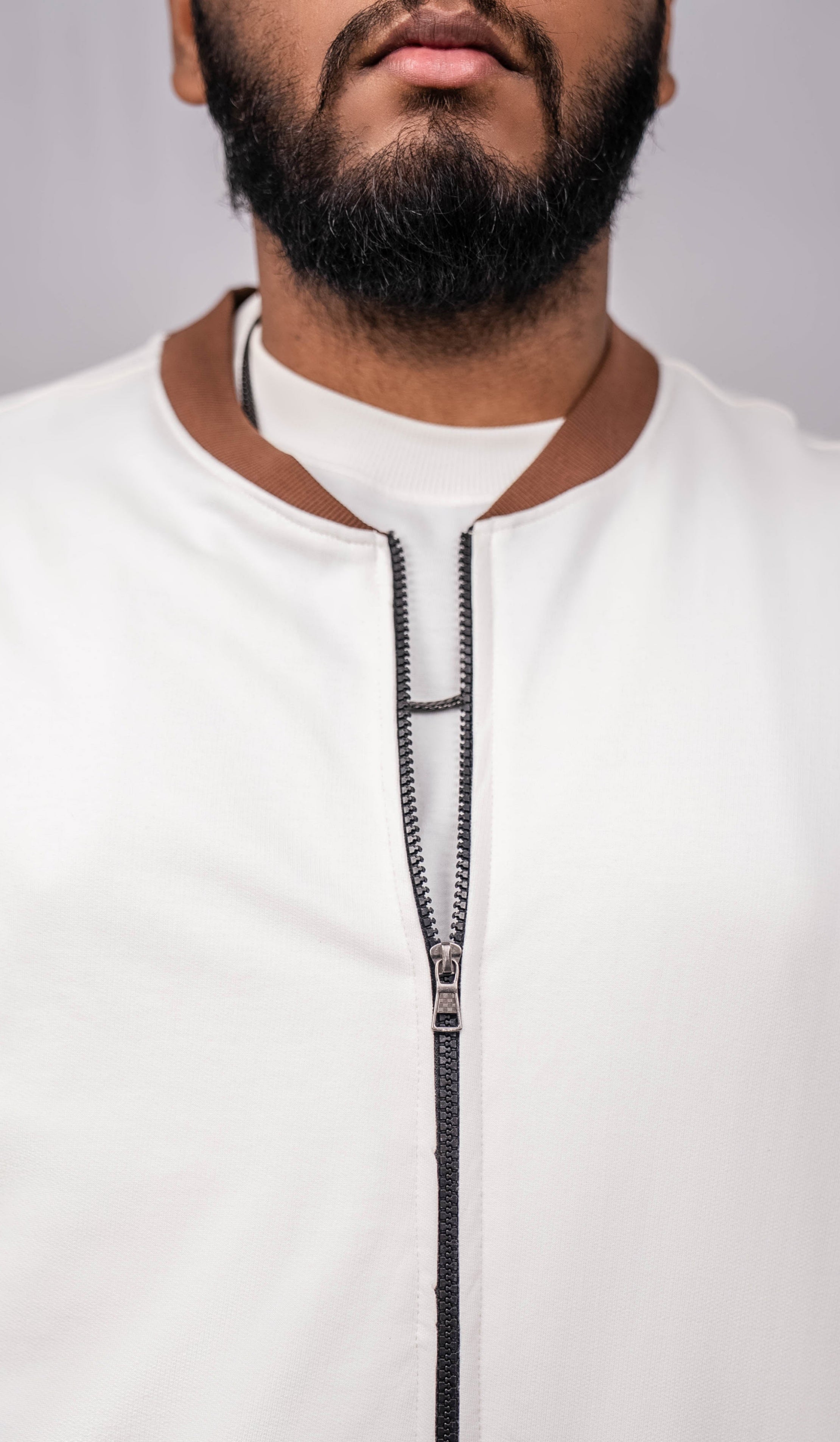 Pearl White Regular Fit Bomber Jacket with brown collar and cuffs