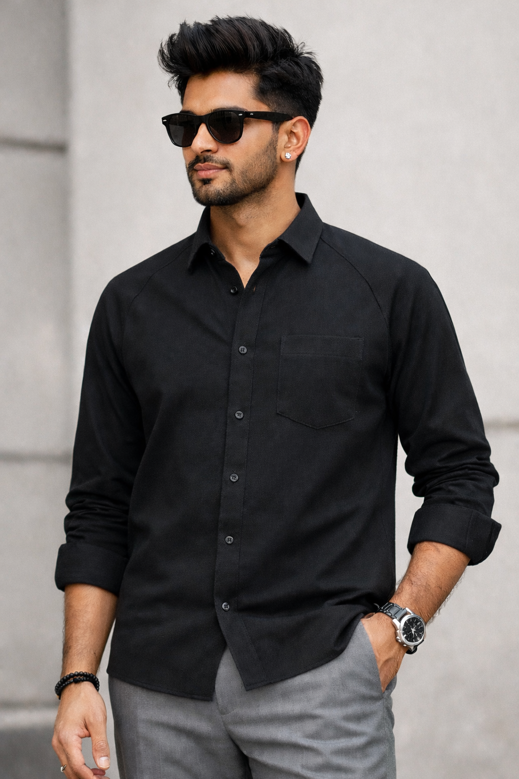 Black 100% Cotton Piqué Raglan Sleeve Formal Shirt