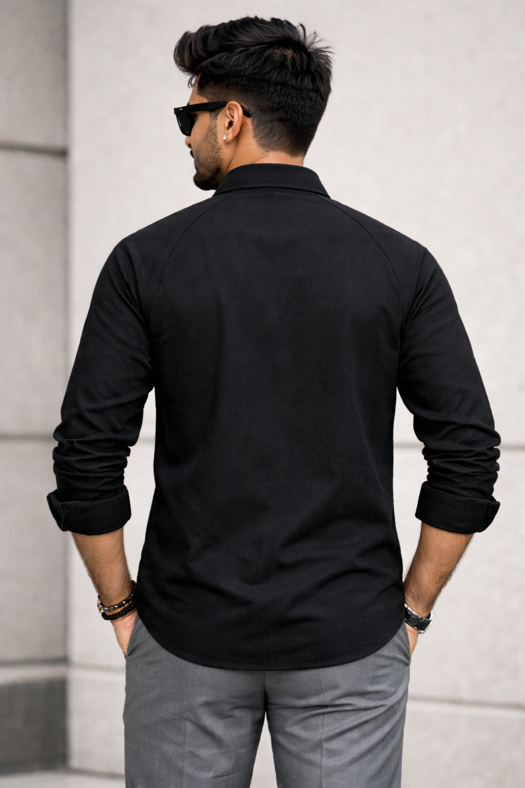 Black 100% Cotton Piqué Raglan Sleeve Formal Shirt
