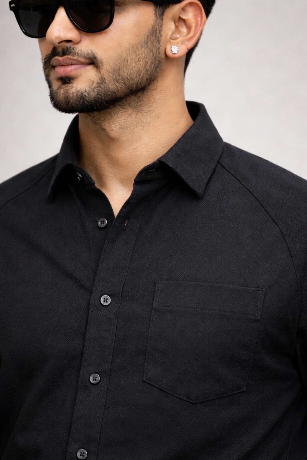 Black 100% Cotton Piqué Raglan Sleeve Formal Shirt