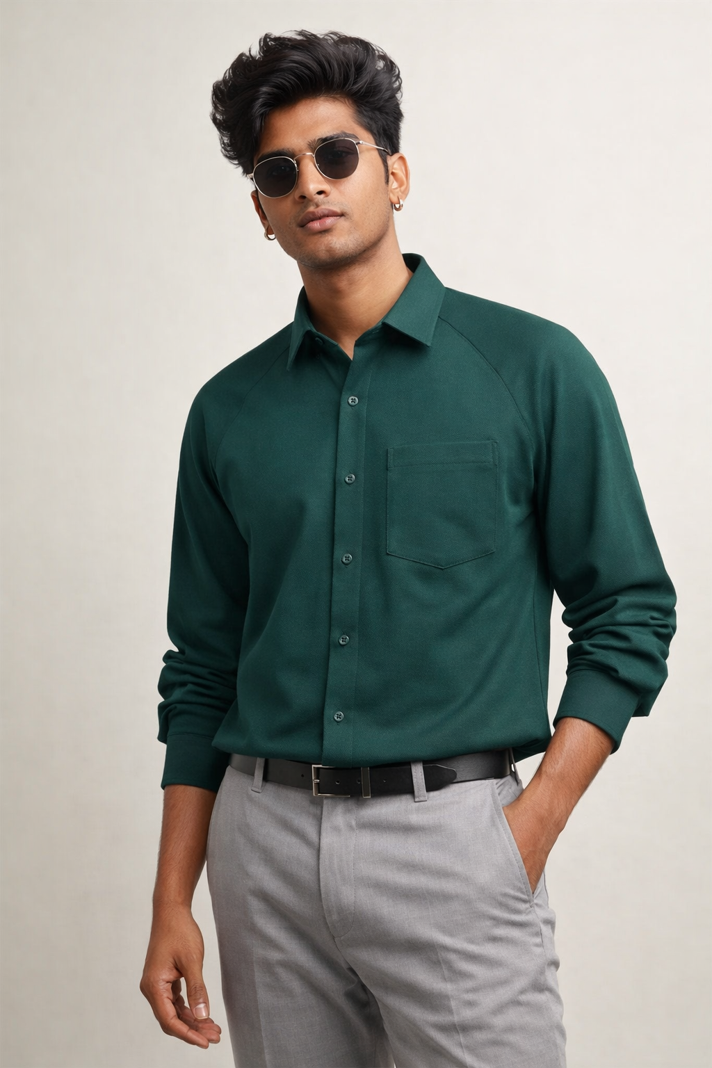 Forest Green 100% Cotton Piqué Raglan Sleeve Formal Shirt
