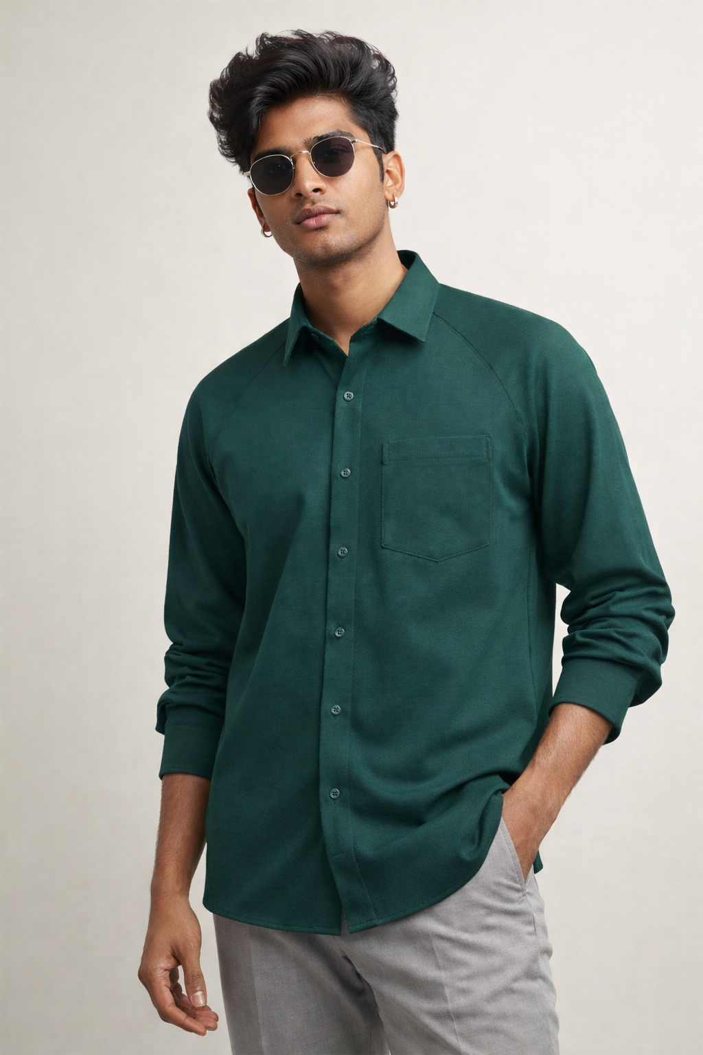 Forest Green 100% Cotton Piqué Raglan Sleeve Formal Shirt
