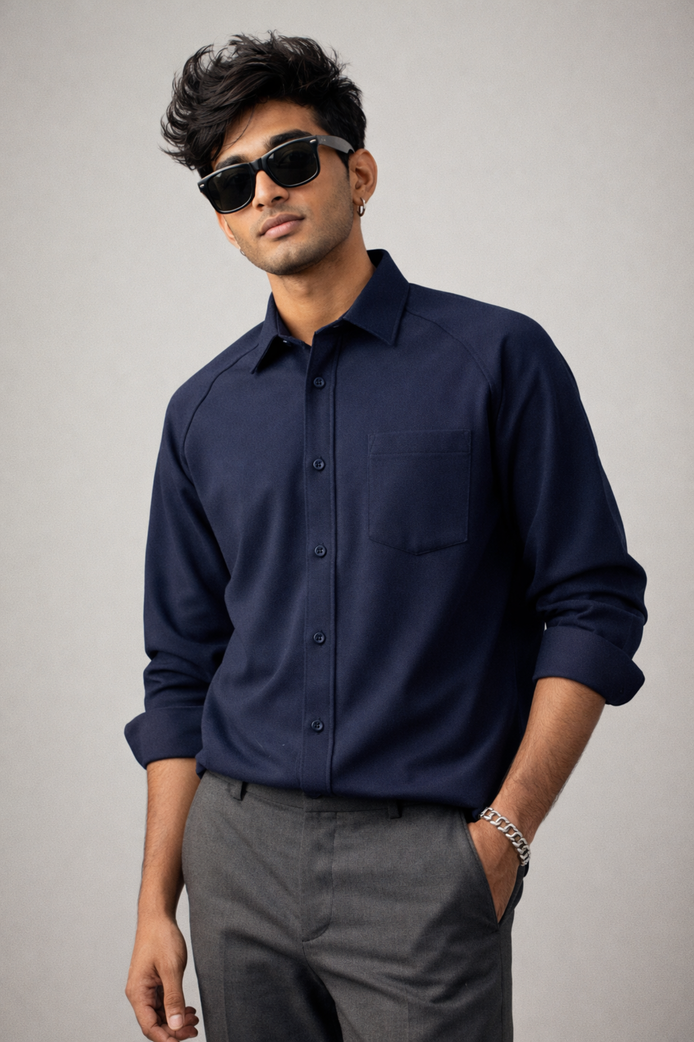 Navy 100% Cotton Piqué Raglan Sleeve Formal Shirt