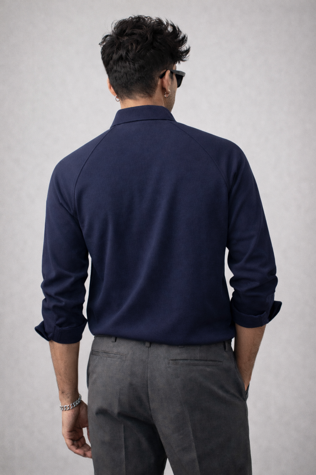 Navy 100% Cotton Piqué Raglan Sleeve Formal Shirt