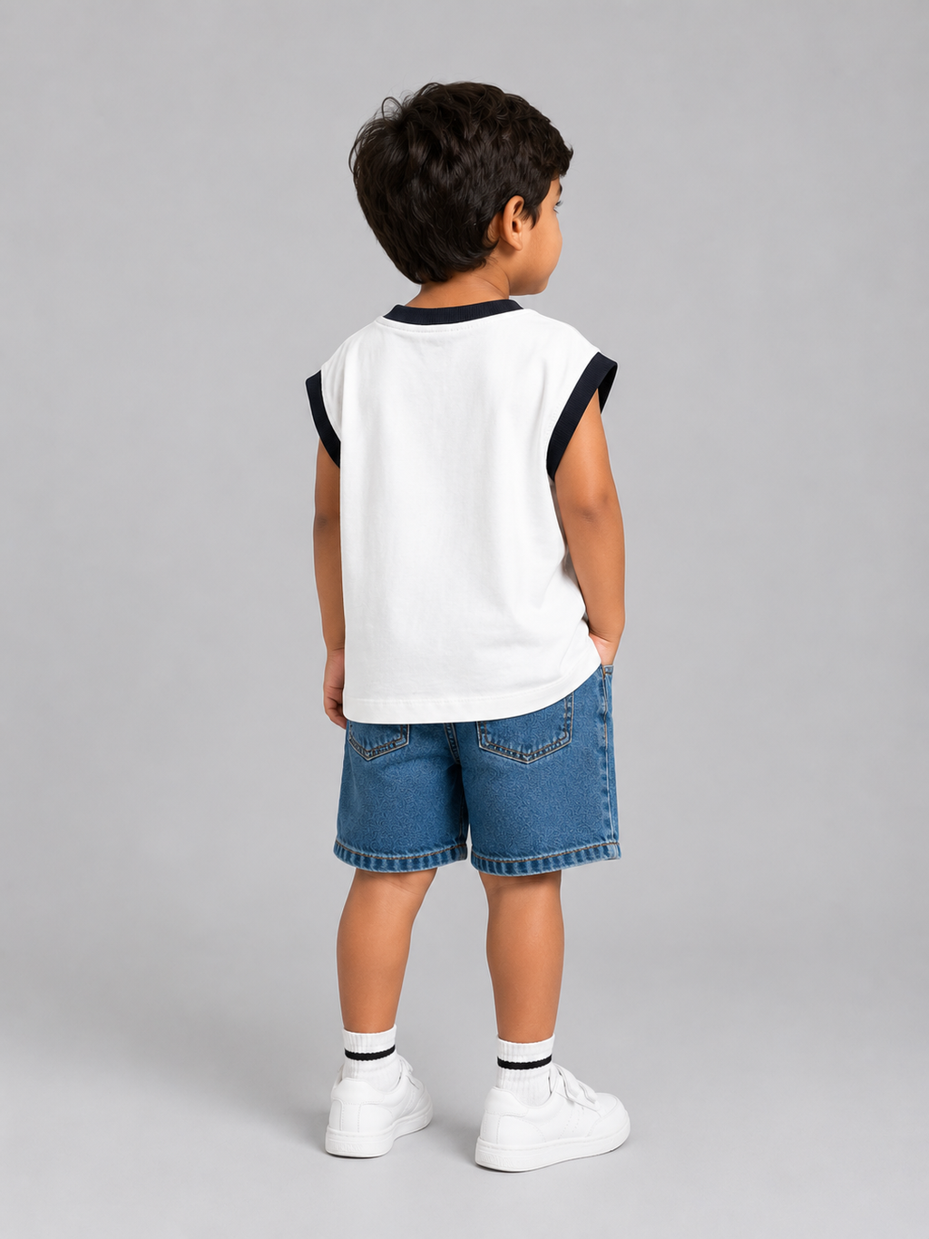 Oversized Sleeveless Tee: Coconut white with Navy
