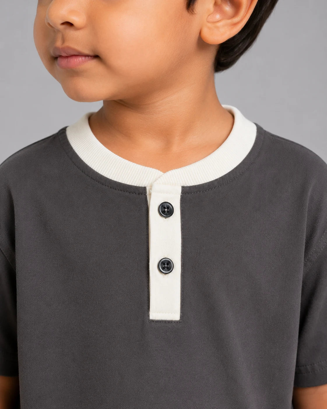 Contrast Henley Tee : Dark Grey with coconut white collar