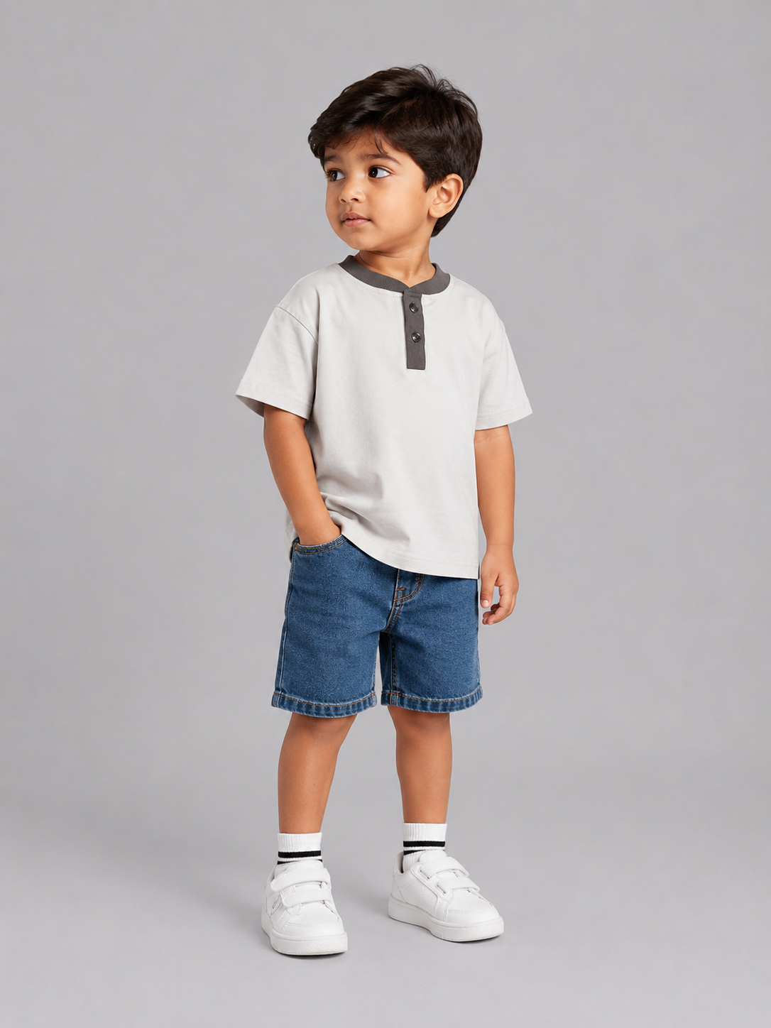 Contrast Henley Tee : Cloud Grey with Dark Grey collar