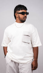 White Oversize Fit Crew Neck T-shirt with Grey Cargo Pocket