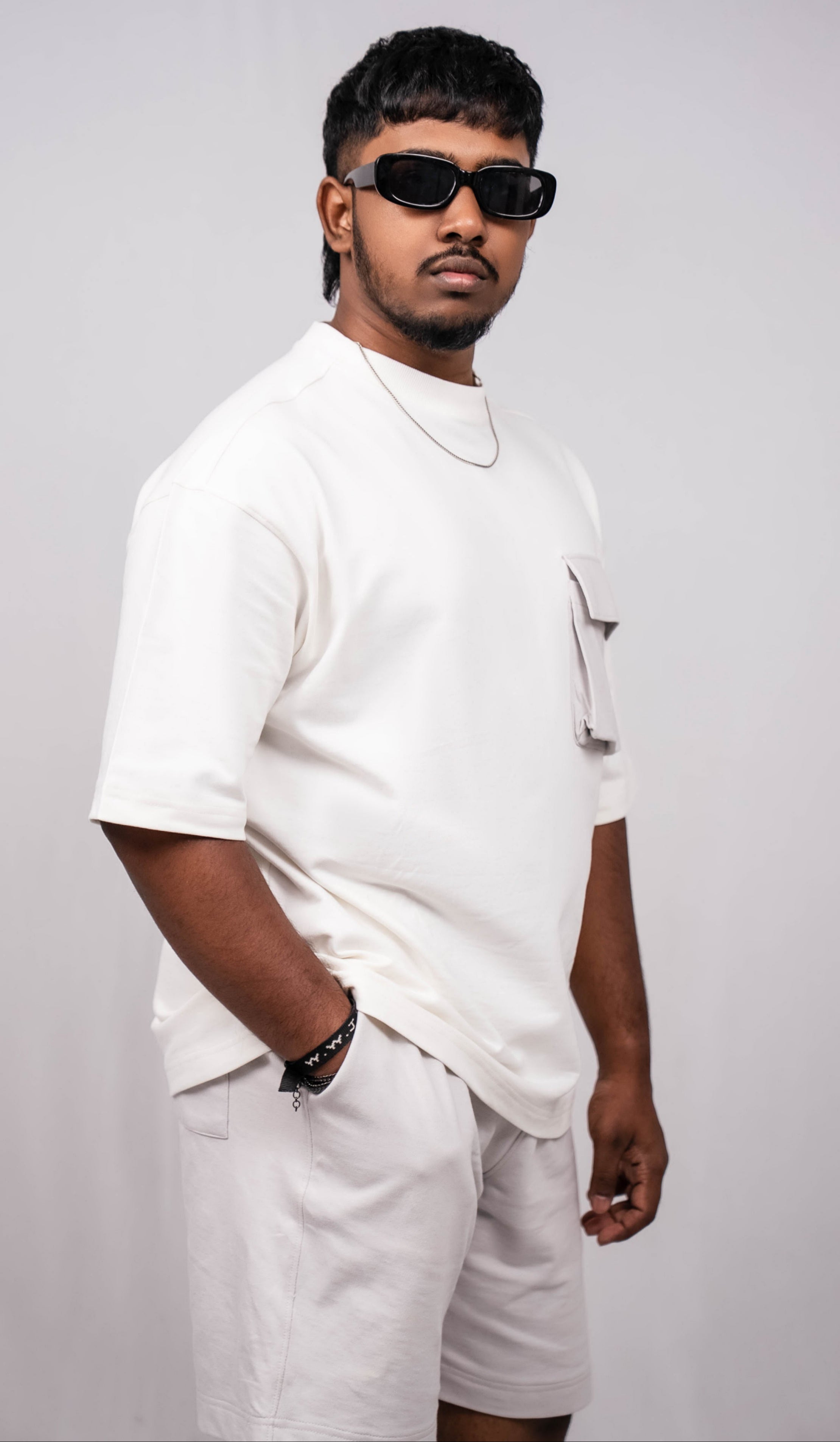 White Oversize Fit Crew Neck T-shirt with Grey Cargo Pocket