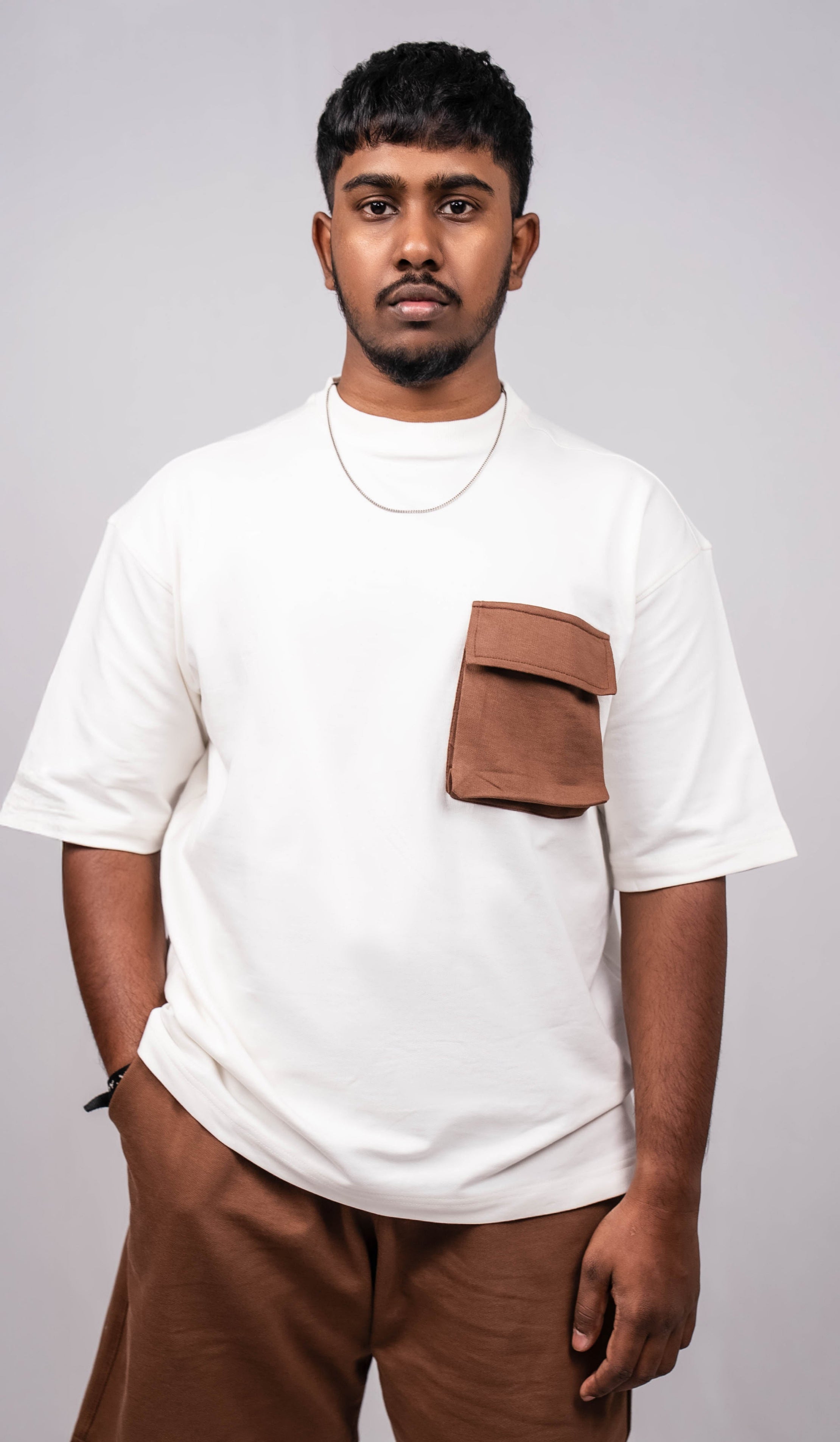 White Oversize Fit Crew Neck T-shirt with Truffle Brown Cargo Pocket