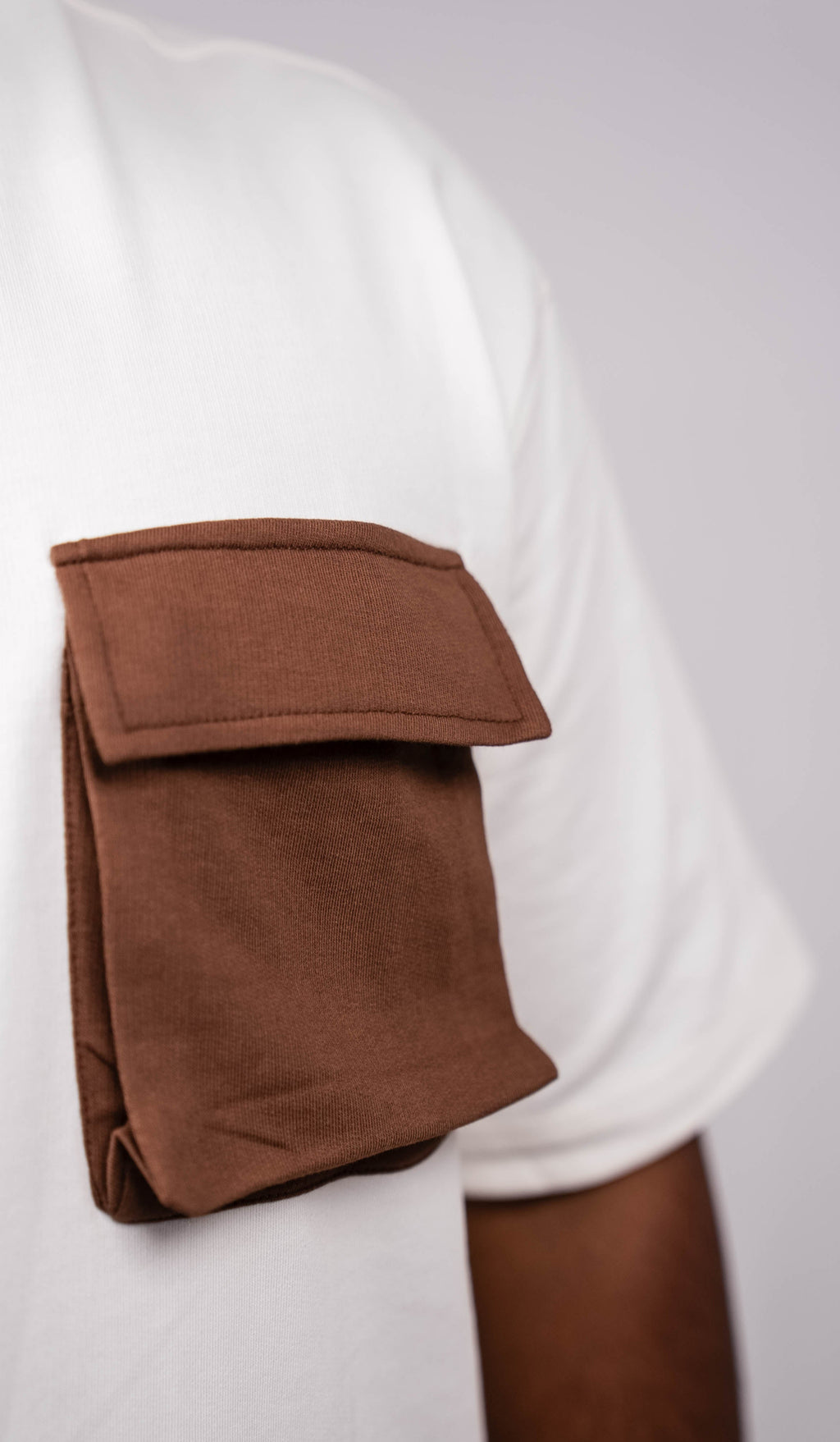 White Oversize Fit Crew Neck T-shirt with Truffle Brown Cargo Pocket