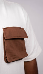 White Oversize Fit Crew Neck T-shirt with Truffle Brown Cargo Pocket