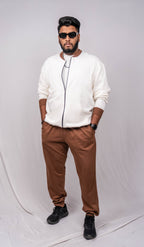 Pearl White Regular Fit Bomber Jacket with brown collar and cuffs