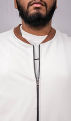 Pearl White Regular Fit Bomber Jacket with brown collar and cuffs