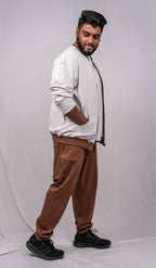 Cloud Grey Regular Fit Bomber Jacket with brown collar and cuffs