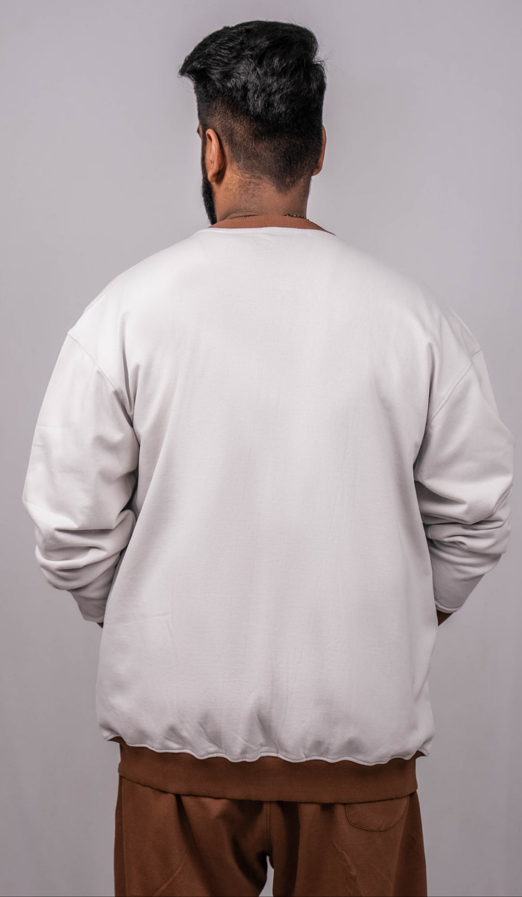 Cloud Grey Regular Fit Bomber Jacket with brown collar and cuffs