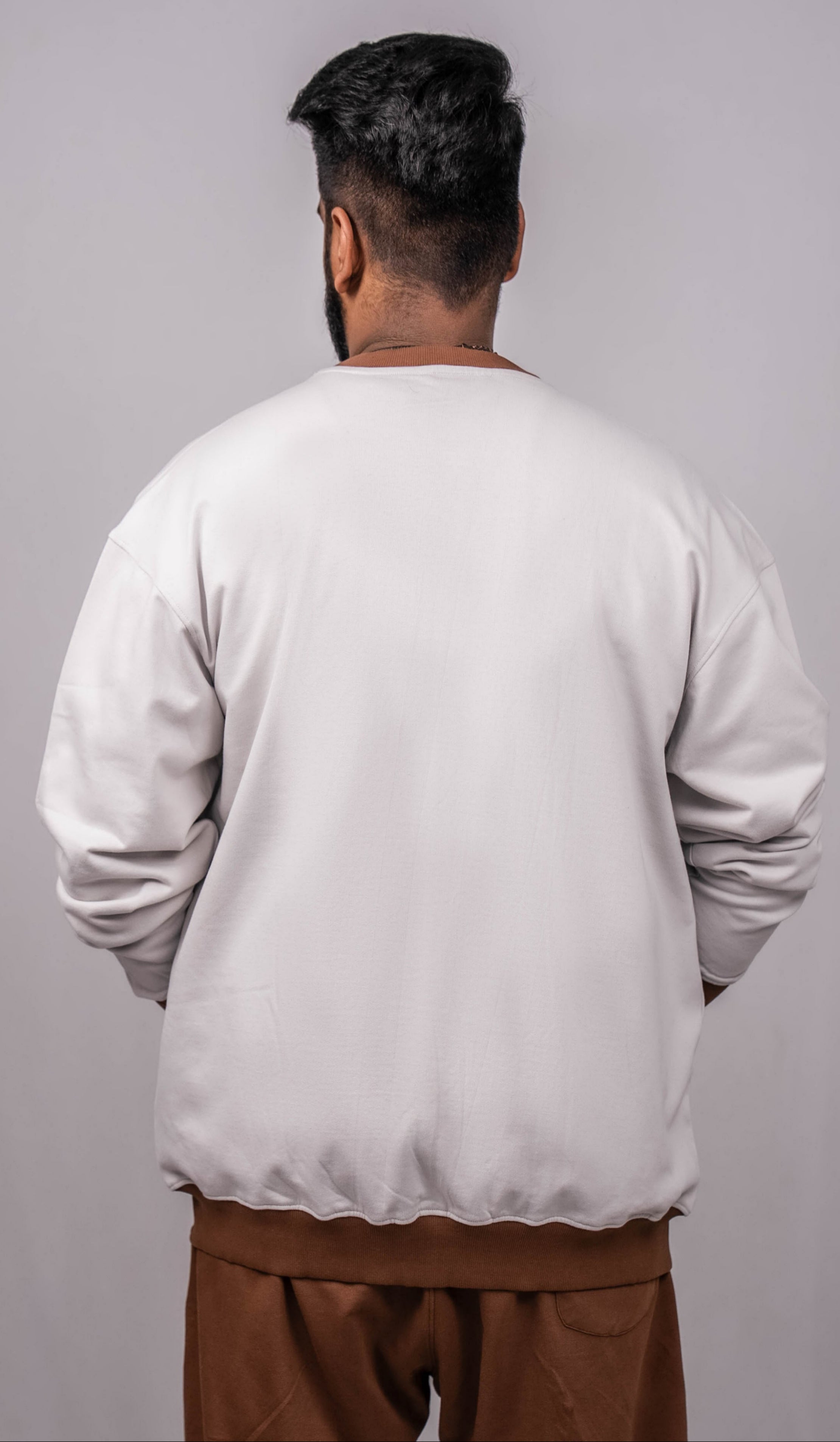 Cloud Grey Regular Fit Bomber Jacket with brown collar and cuffs