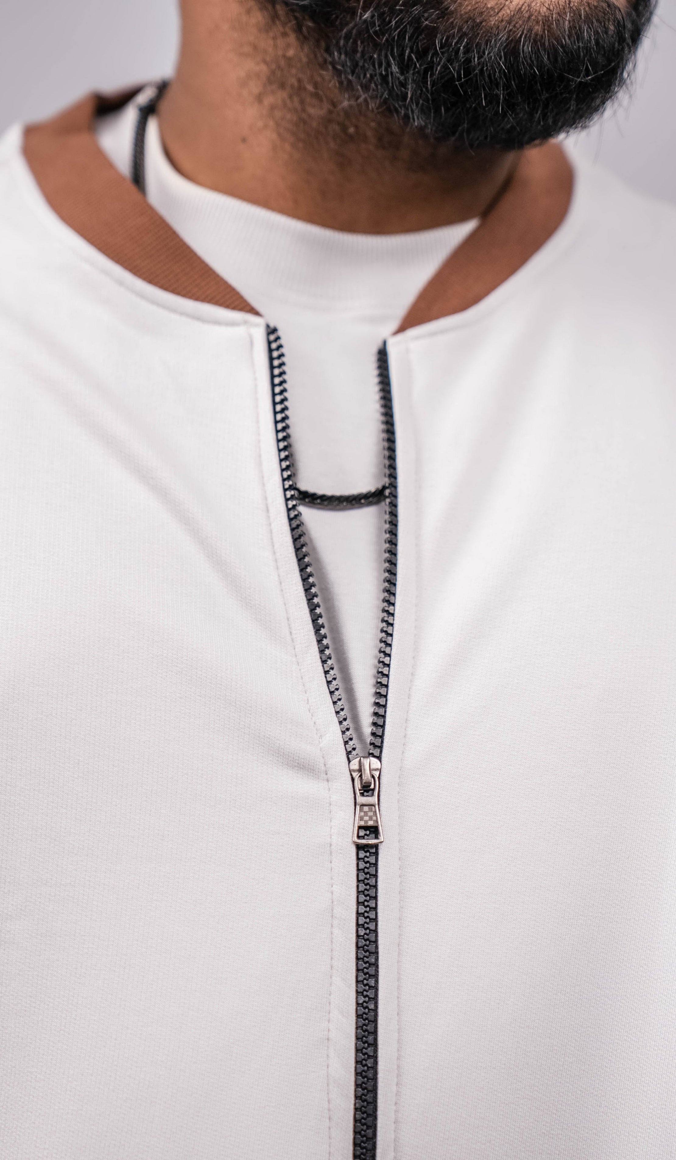 Cloud Grey Regular Fit Bomber Jacket with brown collar and cuffs