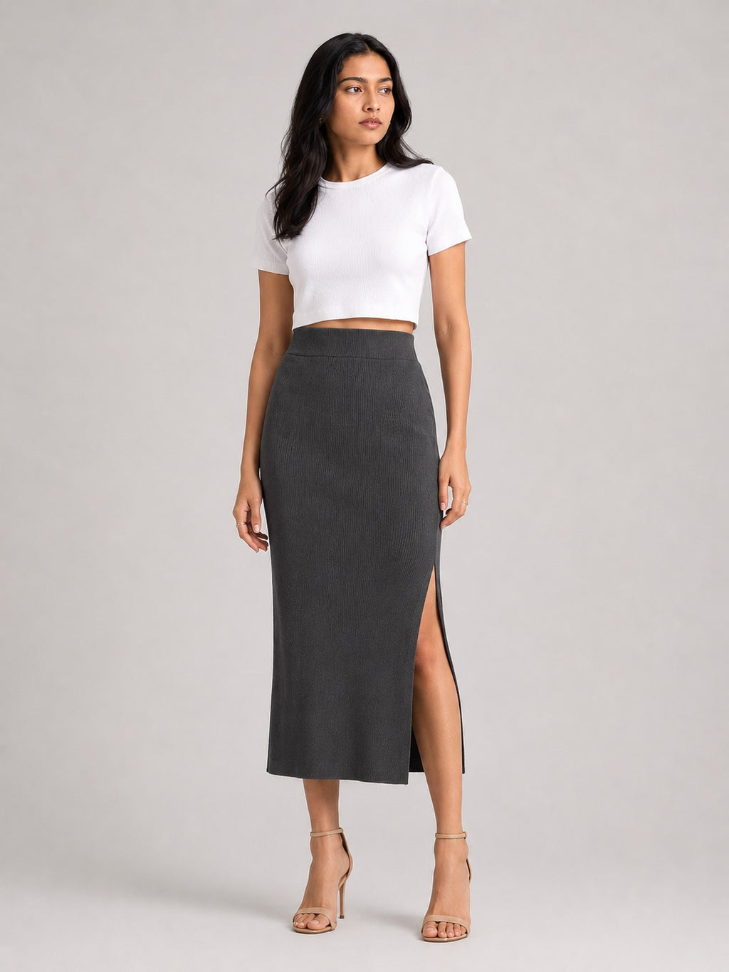 Rib Midi Skirt: Dark Grey