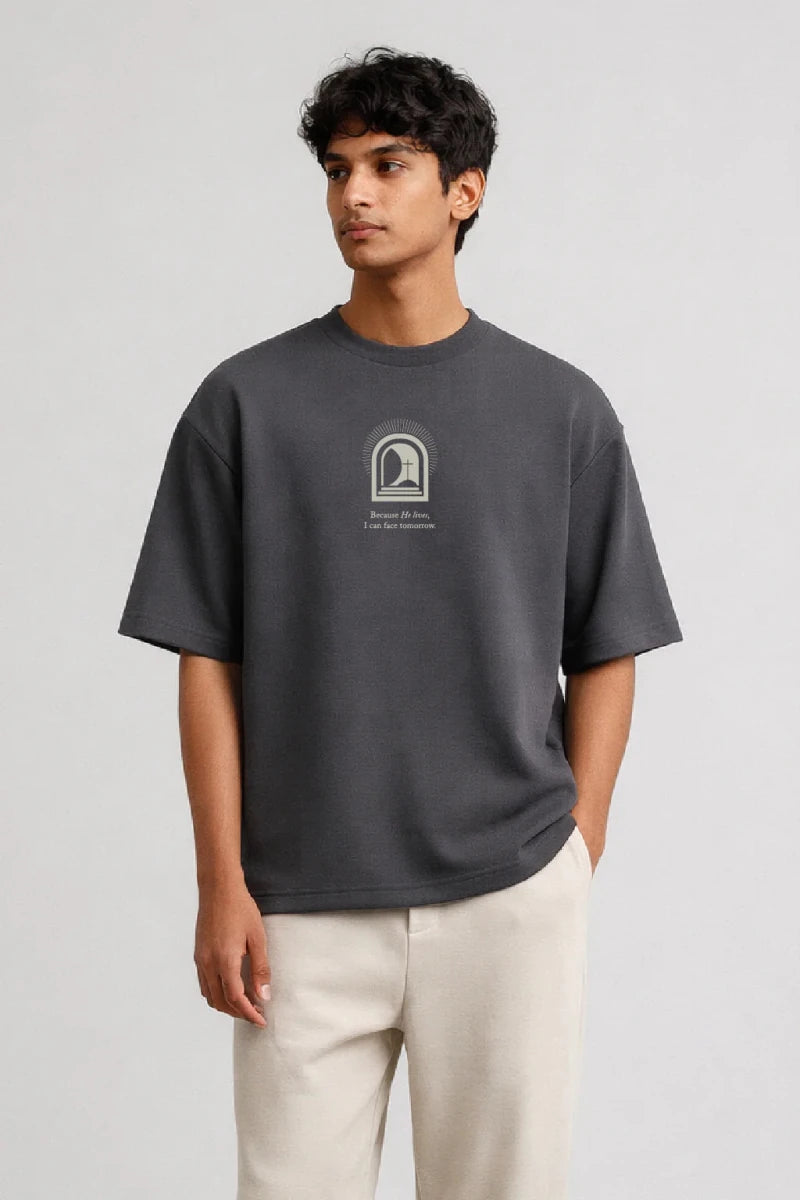 Because He Lives Box Fit T-Shirt | Peachy Pink / Grey - Shop For Asha