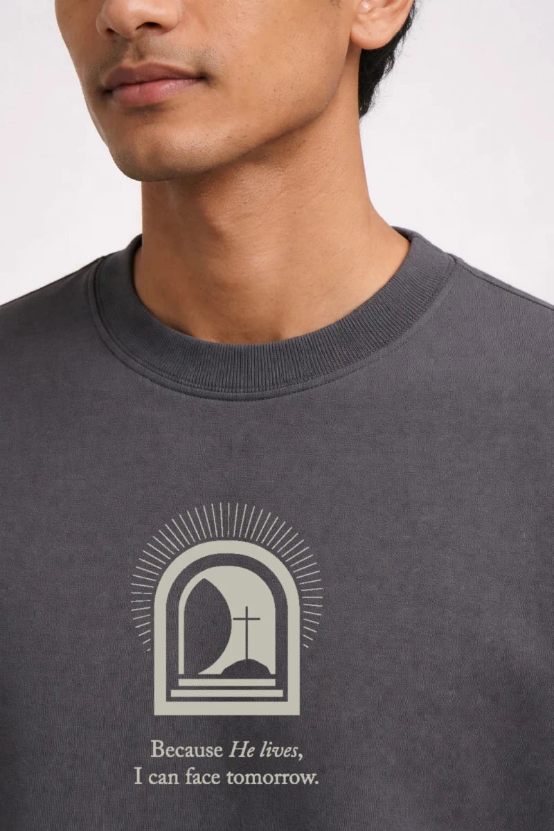 Because He Lives Box Fit T-Shirt | Peachy Pink / Grey - Shop For Asha