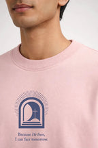 Because He Lives Box Fit T-Shirt | Peachy Pink / Grey - Shop For Asha