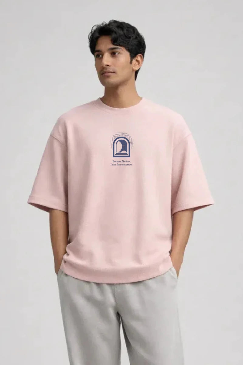 Because He Lives Box Fit T-Shirt | Peachy Pink / Grey - Shop For Asha