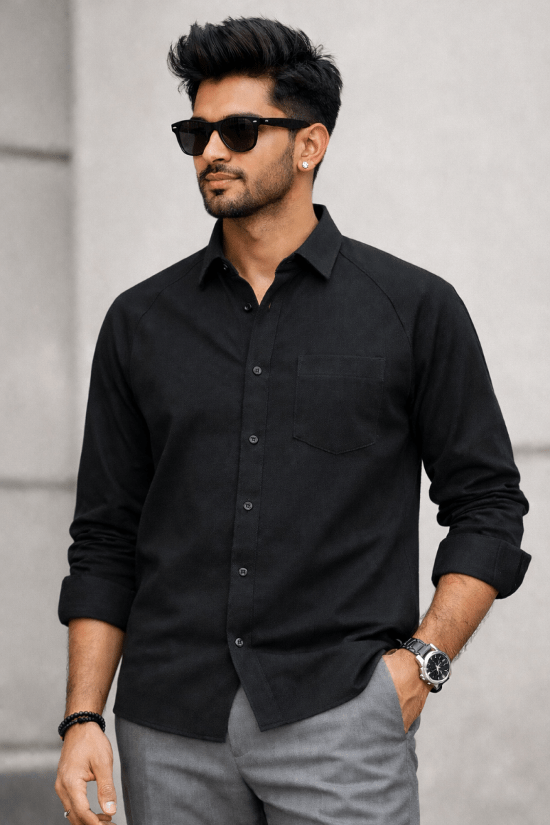 Black 100% Cotton Piqué Raglan Sleeve Formal Shirt - Shop For Asha