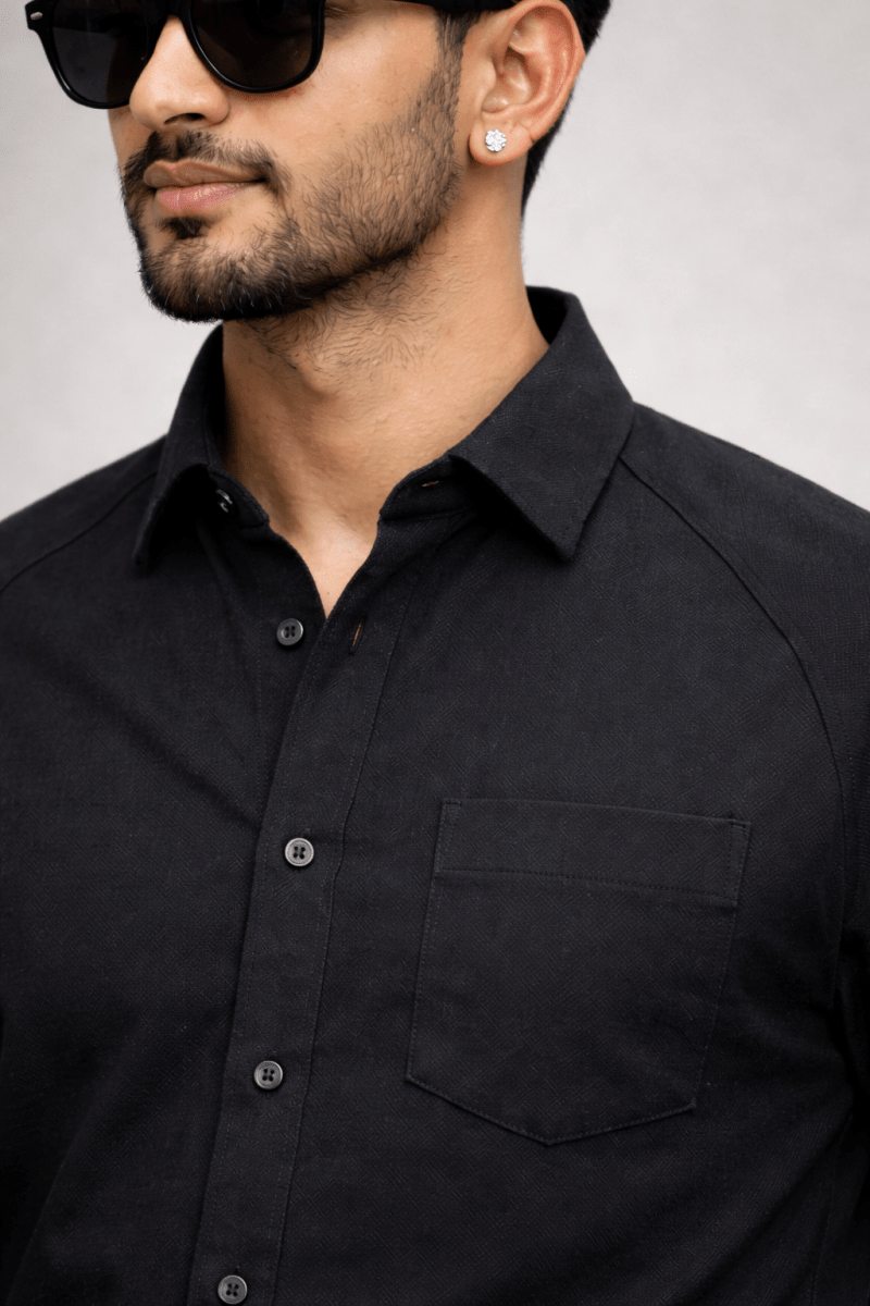 Black 100% Cotton Piqué Raglan Sleeve Formal Shirt - Shop For Asha