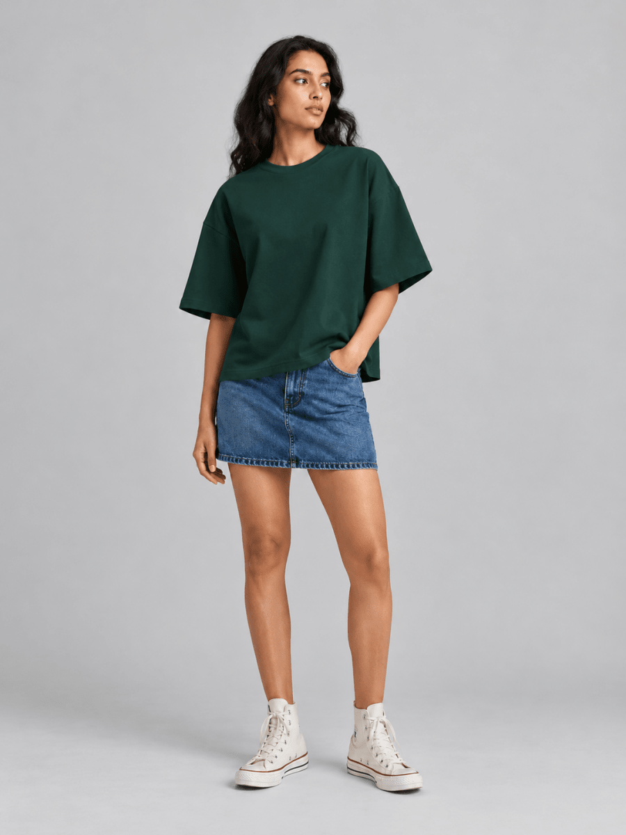 Box Fit T-Shirt: Dark green for women - Shop For Asha