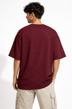 Burgundy Oversize Fit Crew Neck T-shirt with Patch Pocket - Shop For Asha