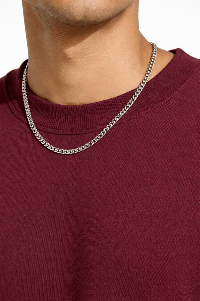 Burgundy Oversize Fit Crew Neck T-shirt with Patch Pocket - Shop For Asha