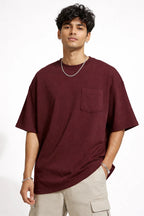 Burgundy Oversize Fit Crew Neck T-shirt with Patch Pocket - Shop For Asha