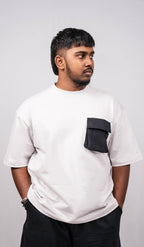 Cloud Grey Oversize Fit Crew Neck T-shirt with Black Cargo Pocket - Shop For Asha