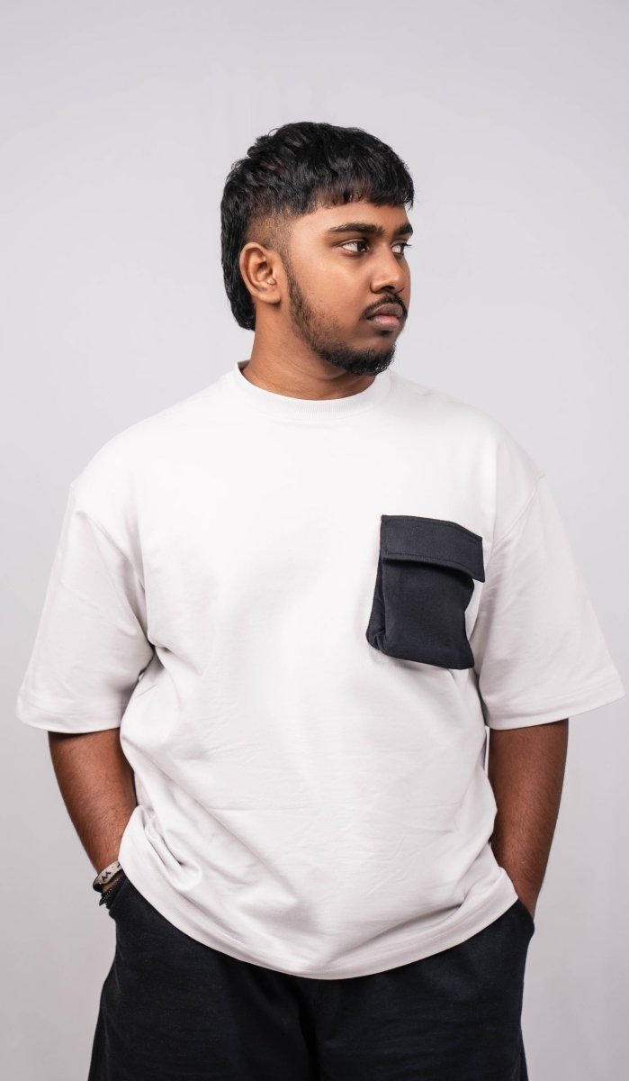 Cloud Grey Oversize Fit Crew Neck T-shirt with Black Cargo Pocket - Shop For Asha