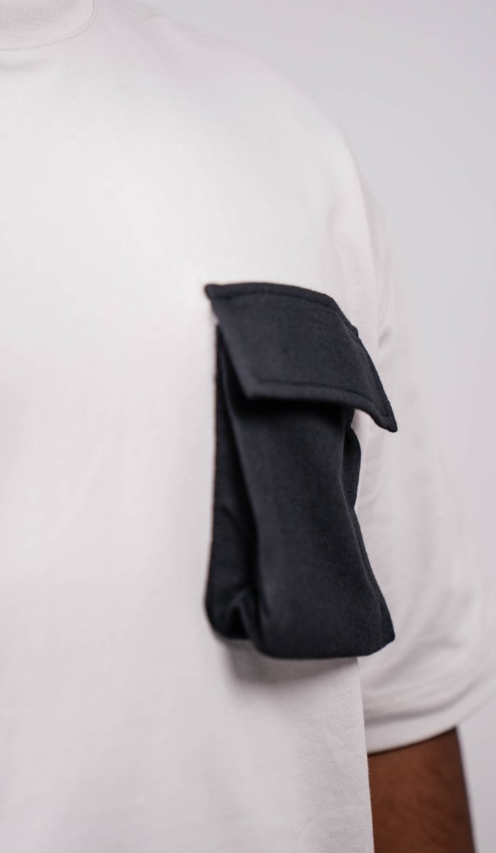 Cloud Grey Oversize Fit Crew Neck T-shirt with Black Cargo Pocket - Shop For Asha