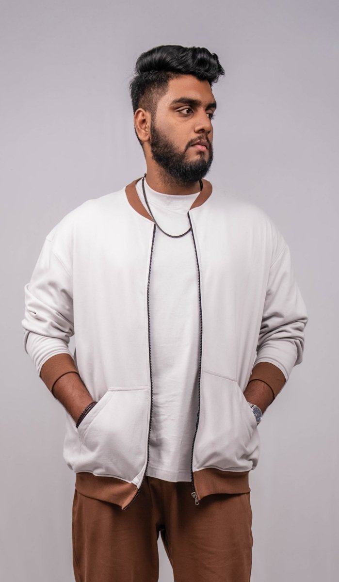 Cloud Grey Regular Fit Bomber Jacket with brown collar and cuffs - Shop For Asha
