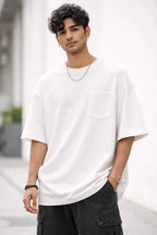 Coconut White Oversize Fit Crew Neck T-shirt with Patch Pocket - Shop For Asha