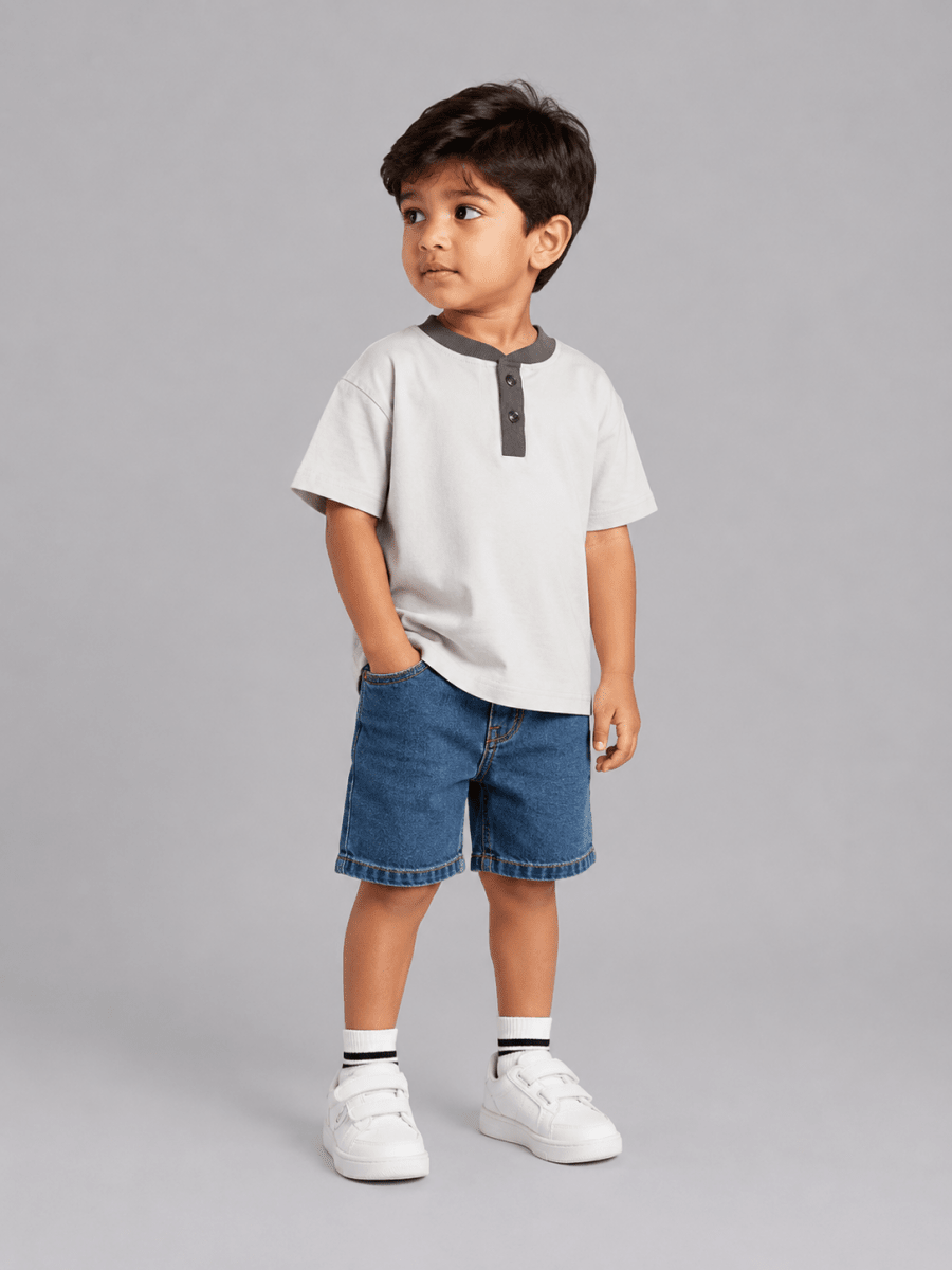 Contrast Henley Tee : Cloud Grey with Dark Grey collar - Shop For Asha