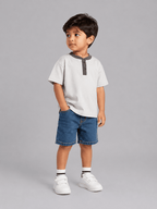 Contrast Henley Tee : Cloud Grey with Dark Grey collar - Shop For Asha