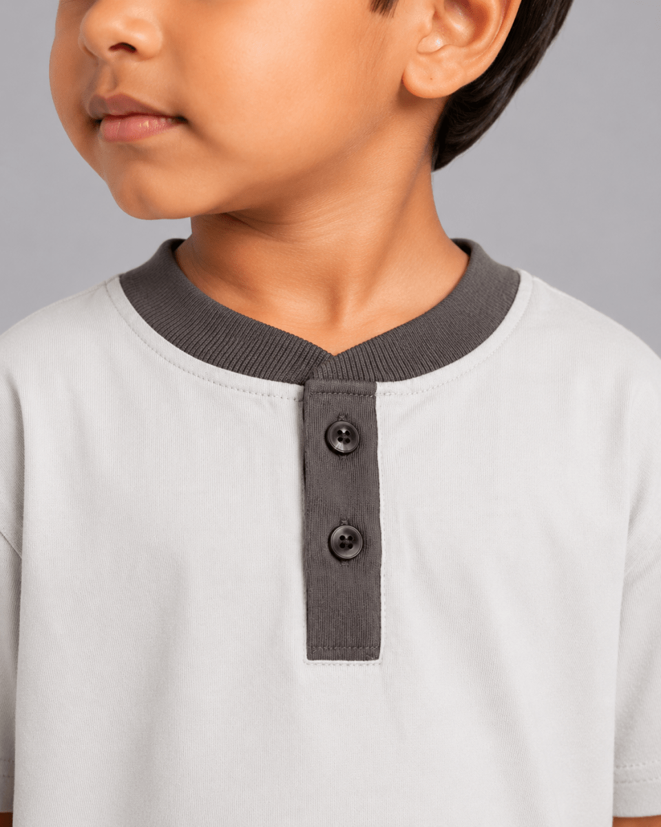 Contrast Henley Tee : Cloud Grey with Dark Grey collar - Shop For Asha