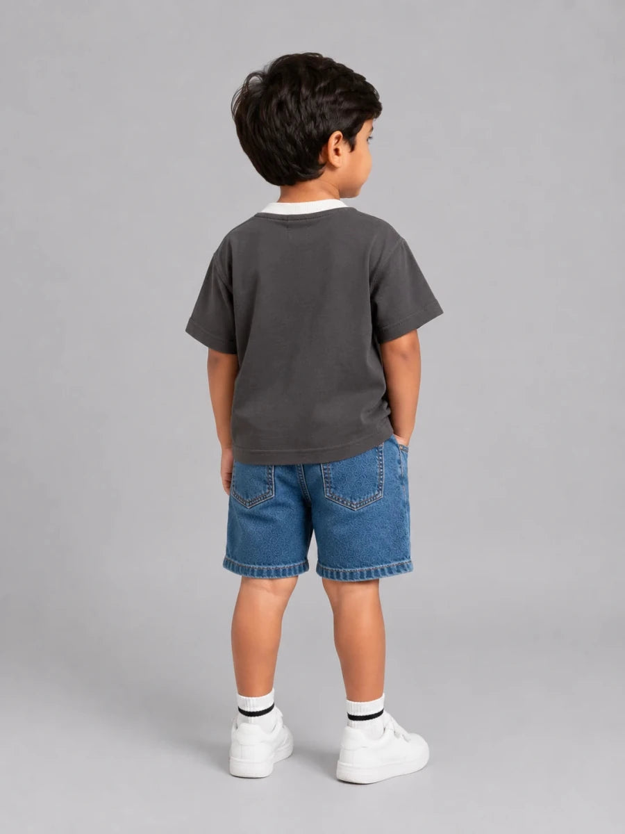 Contrast Henley Tee : Dark Grey with coconut white collar - Shop For Asha