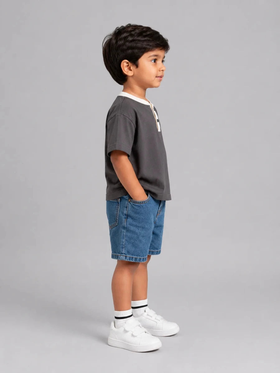 Contrast Henley Tee : Dark Grey with coconut white collar - Shop For Asha
