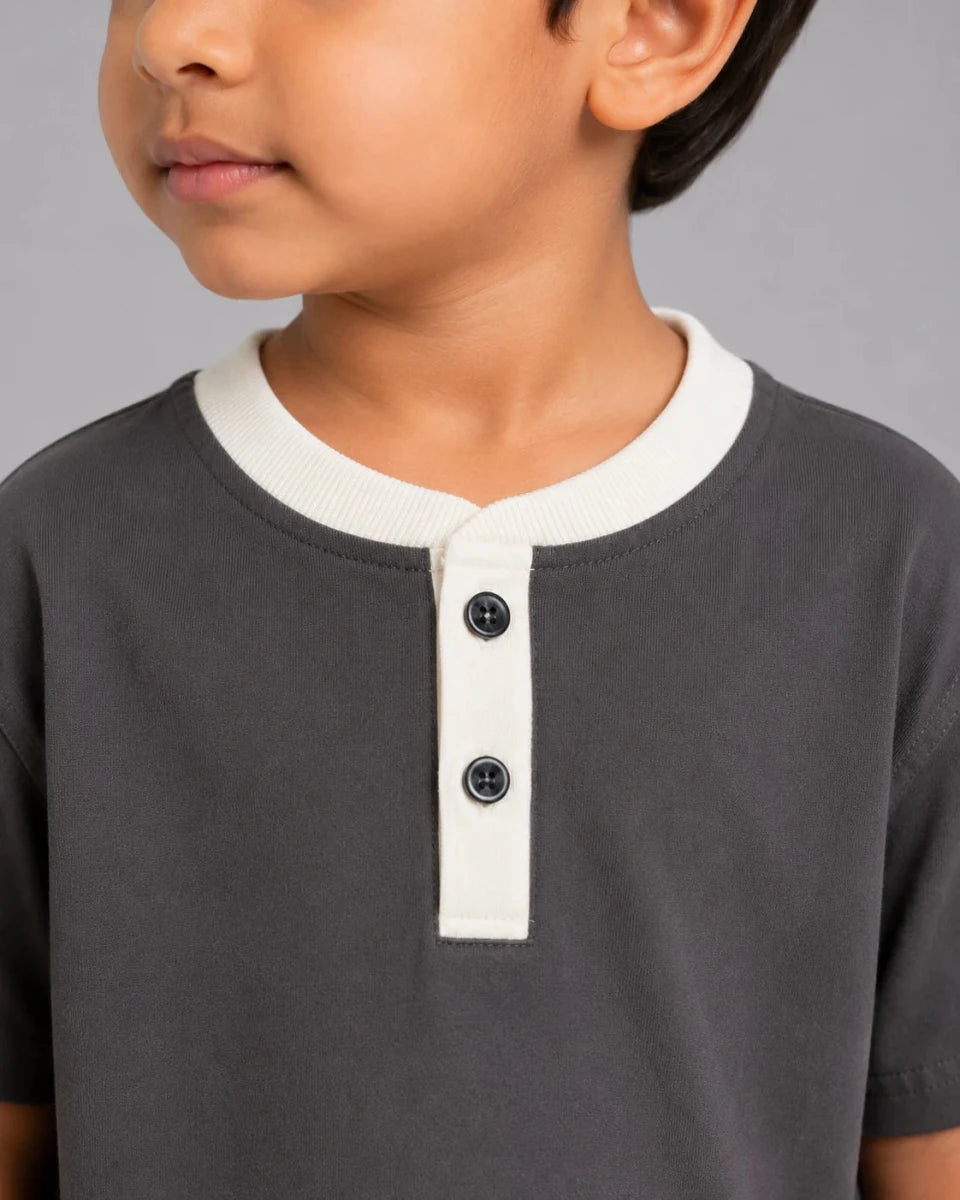 Contrast Henley Tee : Dark Grey with coconut white collar - Shop For Asha