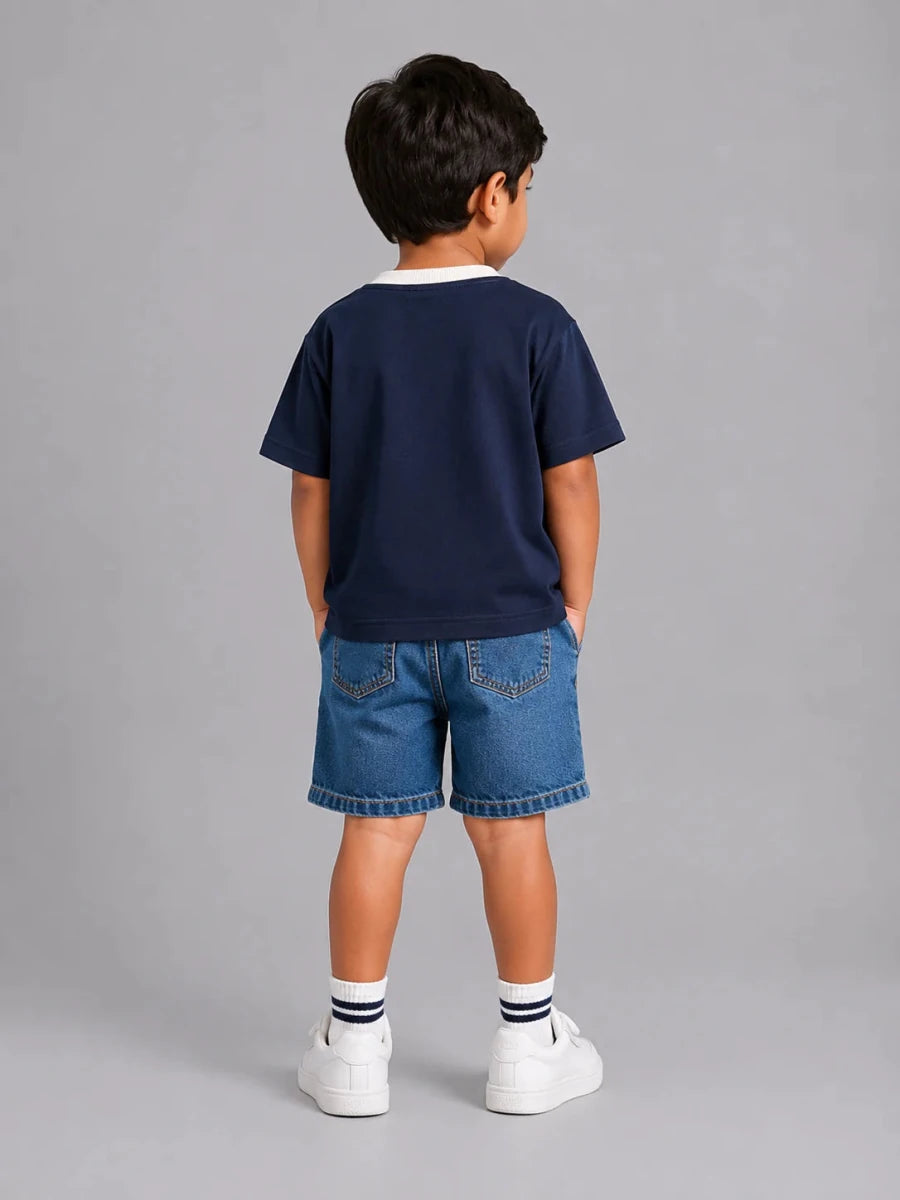 Contrast Henley Tee : Navy with Coconut White collar - Shop For Asha