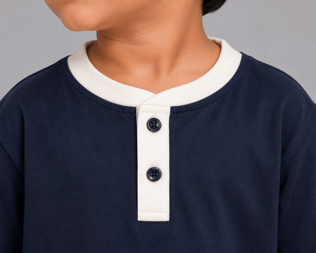 Contrast Henley Tee : Navy with Coconut White collar - Shop For Asha