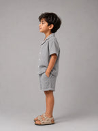 Crinkled cotton Resort collar shirt and short co ord Grey - Shop For Asha